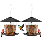 Jealoeur feeder front view showing black hexagonal roof and tray, durable and attractive