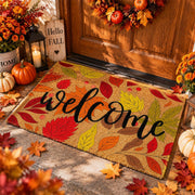 Jenaai doormat front view showing maple leaf design and welcome greeting