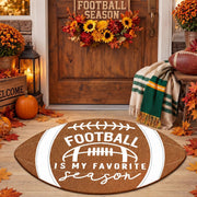 Jenaai football doormat front view showing welcome message and football shape benefit: sports styling