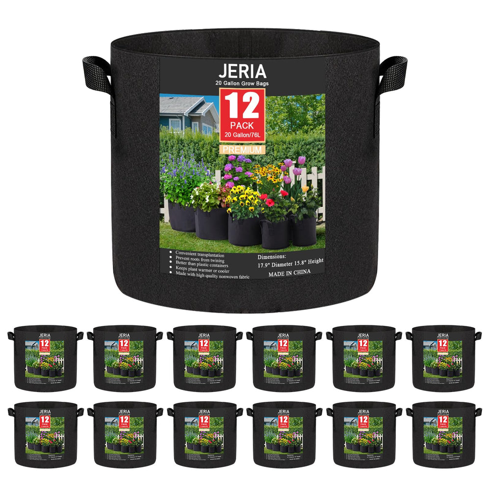 JERIA front view of 12-pack 20 gallon grow bags showing durability and capacity