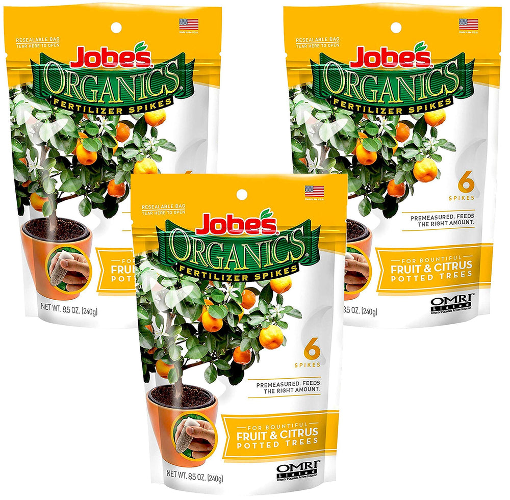 Jobe's Organics front packaging with spikes, easy nutritious feeding for trees