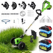 Joblion front view of cordless weed wacker showing integrated wheel assist and shaft for easy control