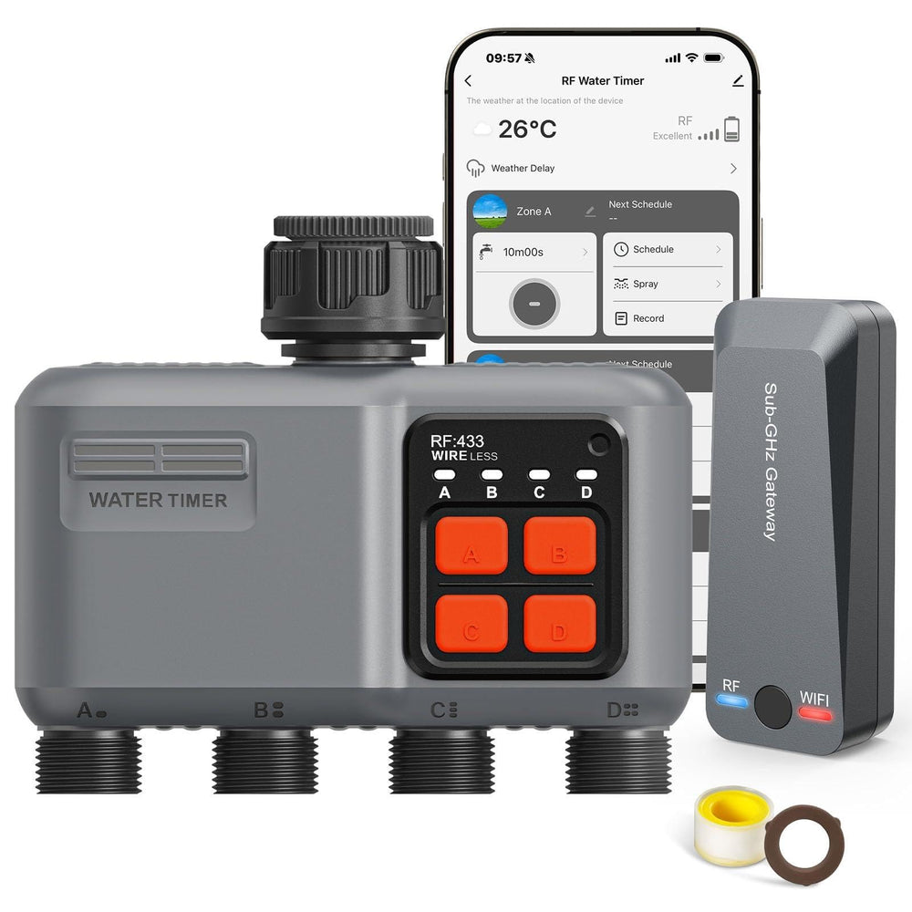 johgee front view of timer showing four outlets and display for easy control