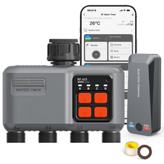 johgee front view of timer showing four outlets and display for easy control