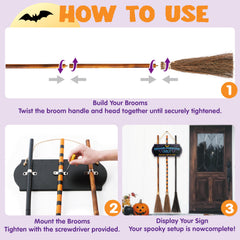 JOYIN three wooden witch brooms arranged beside sign for easy staging benefit