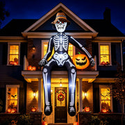 JoyParcel front view of inflatable showing full seated skeleton and hat, great curb appeal