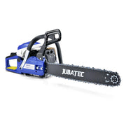JUBATEC chainsaw front view showing compact engine and controls, reliable handling