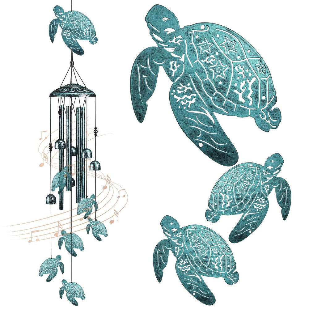 Jubilora front view sea turtle wind chime showing full decorative design and coastal charm