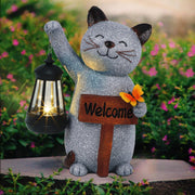 Juegoal cat statue front view showing welcome sign and lantern benefit of cheerful entry