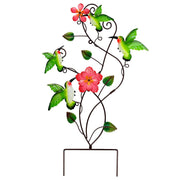 Juegoal front view of hummingbird garden stake shows colorful birds and flowers, adds curb appeal