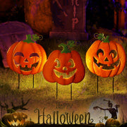 Juegoal front view of three metal pumpkins showing painted finish and shapes, ideal for porch displays