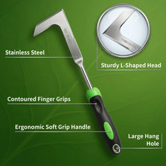 Juxifyron detail of L-shaped crack weeder blade showing sharp dual-edge for scraping moss and debris