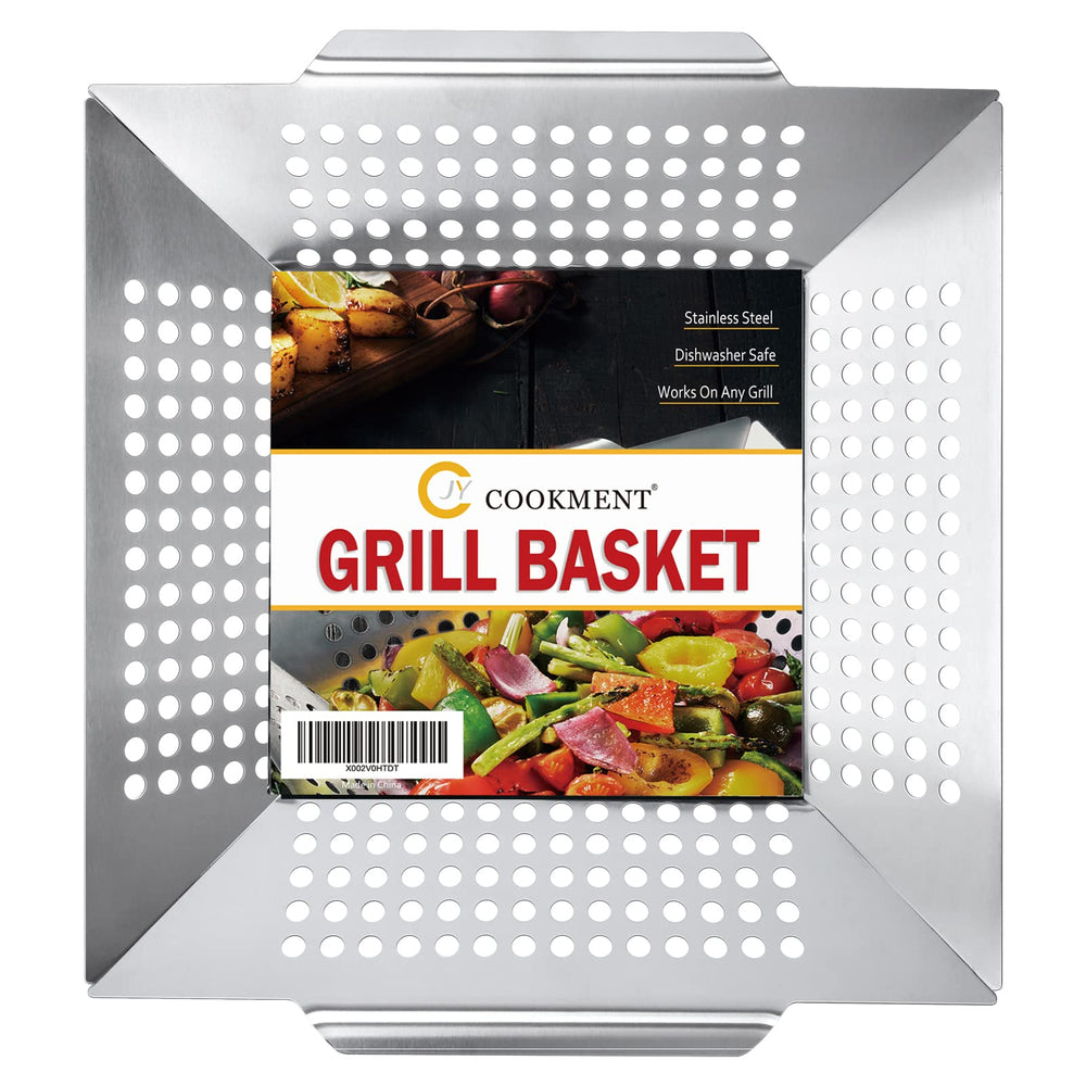 JY COOKMENT front view of stainless steel grill basket showing full surface,durability