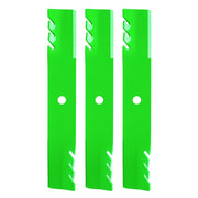 JYLEYJ front view of three mulching blades showing full shape and fitment benefit