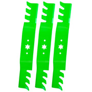 JYLEYJ front view of three mulching blades showing fit and finish for better cutting