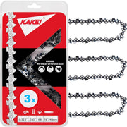 KAKEI three-pack front packaging showing 18-inch chains and specs, assures correct fit