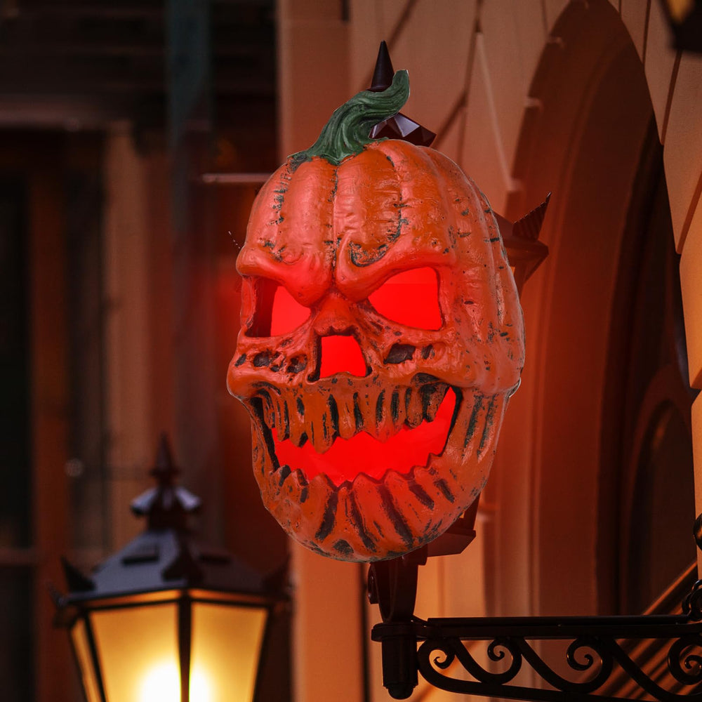 Karjiaja front view of red pumpkin cover showing carved face and fit