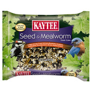 Kaytee front packaging showing seed and mealworm cake benefits