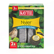 Kaytee prefilled nyjer sock front view showing feeder and benefits