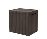 Keter front view brown storage box showing compact design and curb appeal