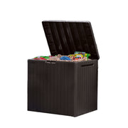 Keter City front view showing brown wood-look finish and compact shape for tidy outdoor storage