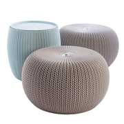 Keter Cozy Urban front view showing two poufs and storage table for compact seating