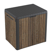Keter front view of Everwood 30 gal box showing compact storage benefit