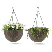 Keter front view of hanging planter showing cappuccino woven look and durable finish