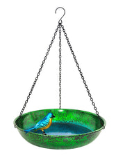 Keygift front view of hanging bird bath showing shape and color, enhances garden decor