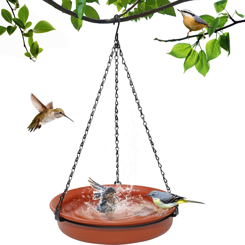 KHayRovies front view of brown 11 inch hanging bird bath showing full shape and appeal