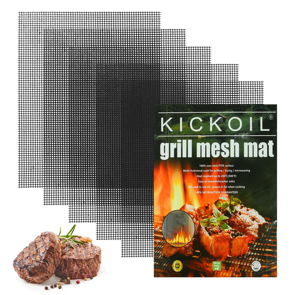 KICKOIL front view packaging showing five reusable grill mats and benefits