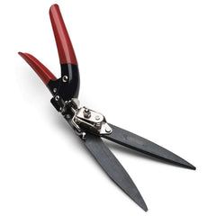 Kings County Tools front view of red and black grass shears showing compact design and balance