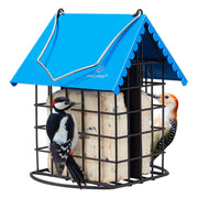 Kingsyard feeder front view showing sturdy metal construction and roof, prolonging suet life