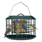 Kingsyard front view of green squirrel-proof suet feeder showing cage and baffle benefit