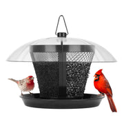 Kingsyard front view of hanging feeder showing full feeder and tray benefit
