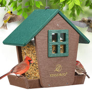 Kingsyard front view hanging feeder showing farmhouse style and clear seed access