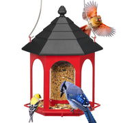 Kingsyard metal bird feeder front view showing red finish and hanging loop, durable design benefit
