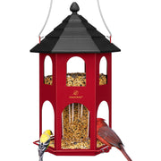 Kingsyard front view hanging feeder showing durable red metal housing and attractive finish