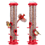 Kingsyard front view of two red tube feeders showing full feeding ports and perches for easy bird access