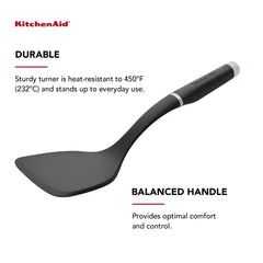 KitchenAid turner flipping a pancake on a nonstick pan demonstrating safe, scratch-free use