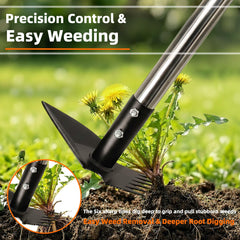 KLDOLLAR tool in use removing dandelion with minimal bending and effort
