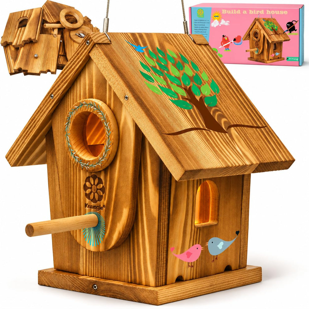 Koangle cedar birdhouse front view showing rustic finish and sturdy joinery