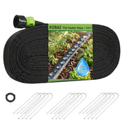 KOBAZ front view of flat soaker hose showing compact length and branding, saves water