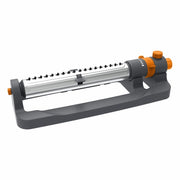 KOBAZ front view of oscillating sprinkler showing full unit and balanced spray benefit