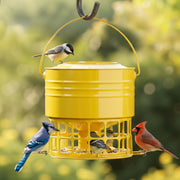 KOL front view of earthy yellow metal feeder shows sturdy hanging and capacity benefit