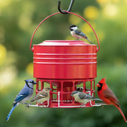 KOL front view of red metal feeder showing capacity and hanging mount