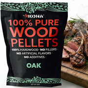 Kona front packaging showing resealable 2 lb bag and oak pellet benefits