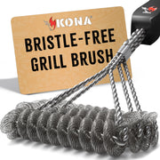 Kona bristle-free grill brush front view showing triple-headed cleaner and stainless finish for durable cleaning