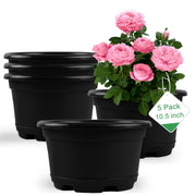KPUVX front view of five plastic plant pots showing neat set and benefits