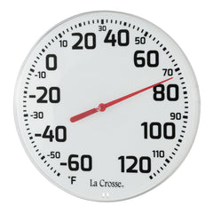 La Crosse close-up of red pointer and scale highlighting accurate, high-contrast readings